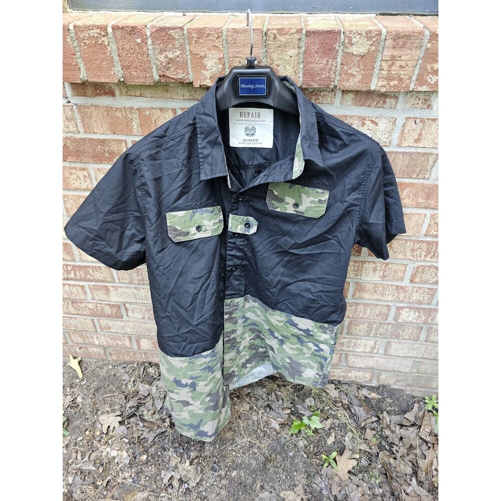REPAIR Men’s Utility Button Down Shirt Camo Panels Tactical Streetwear Medium M
